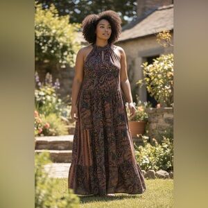 Elegant Paisley Halter Maxi Dress. Pit to Pit 24”.